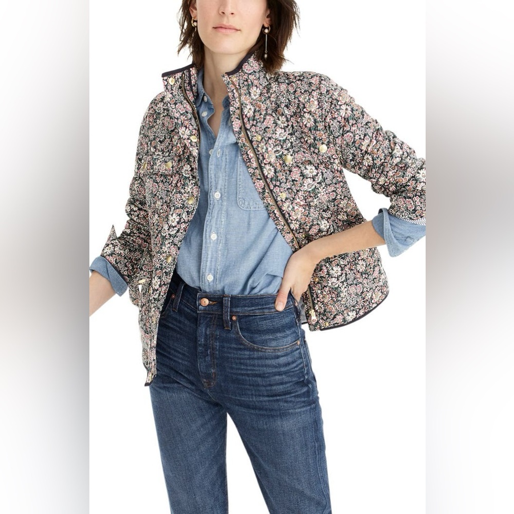 J. Crew Quilted Downtown Field Jacket in Liberty Garden Print with Gold Snaps